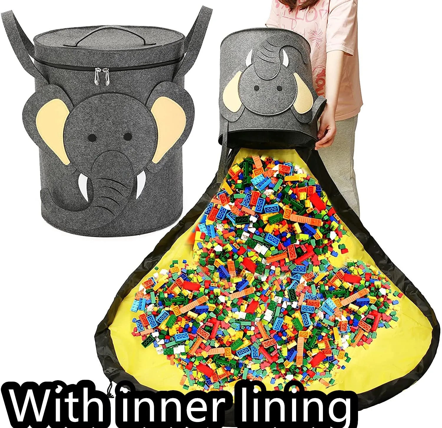 Green felt cube storage bag with pull rope, shown as a toy organiser and play mat.