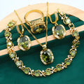 Full rhinestone zircon women's jewellery suit set with necklace, earrings, and ring in olive green or red.