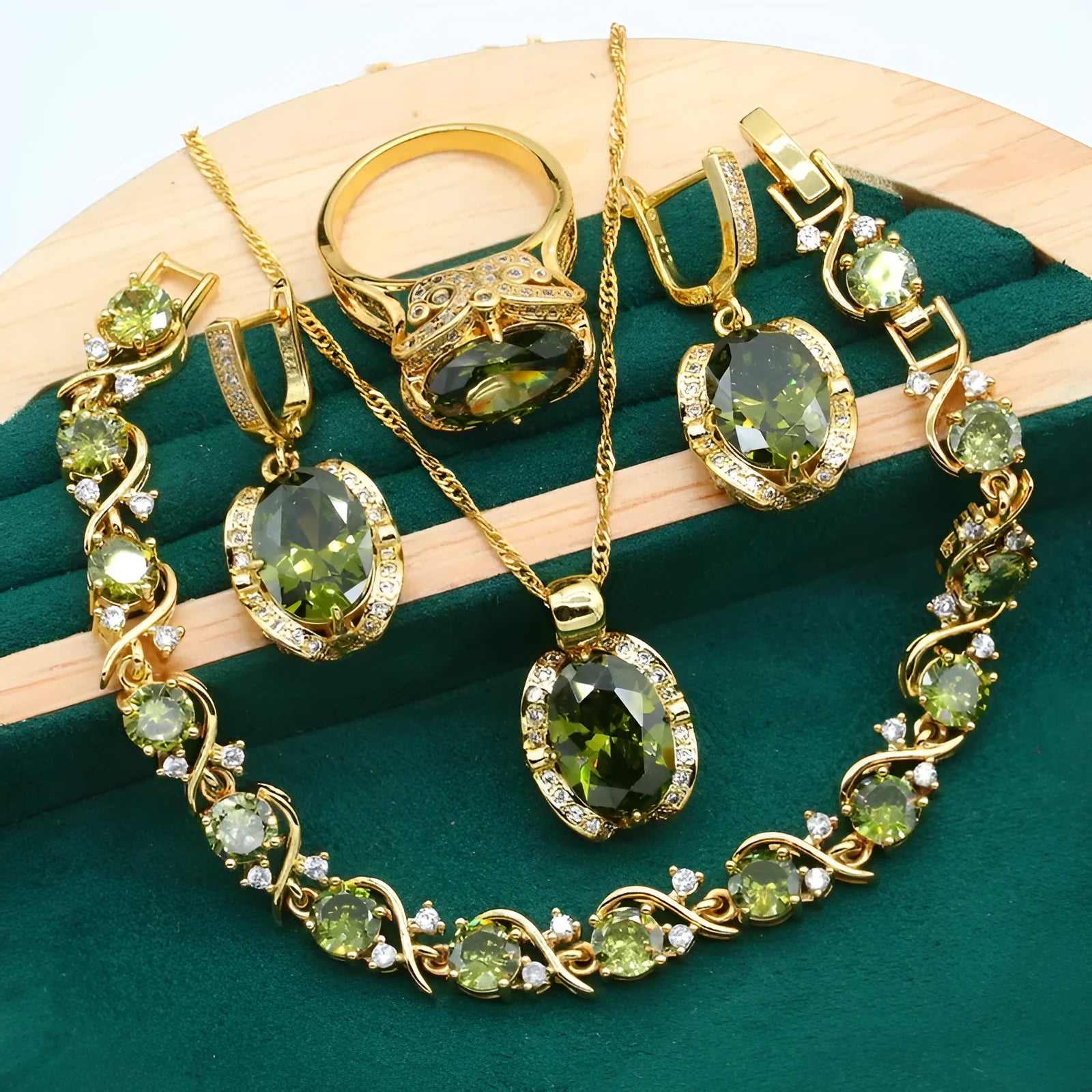 Full rhinestone zircon women's jewellery suit set with necklace, earrings, and ring in olive green or red.