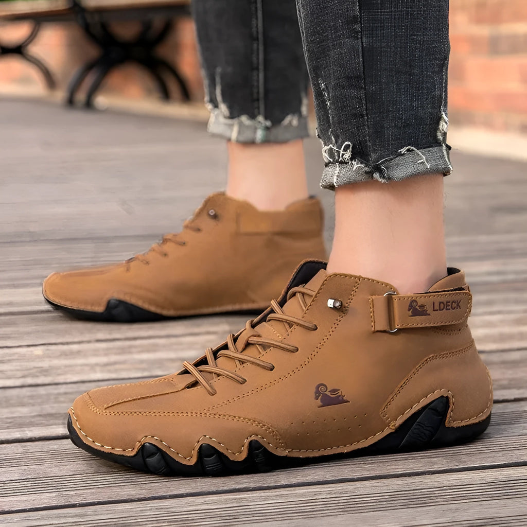 Men's khaki high-top octopus boots with flat rubber soles and round toe