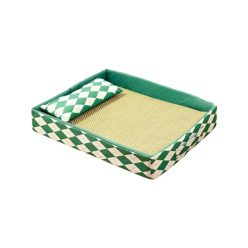 Blue summer rattan cat litter mat shown in a large size next to a cat bed.