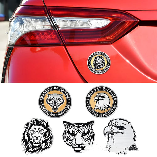 Aluminium car body sticker pack showing eagle, tiger, round lion, round wolf head, and round eagle designs.