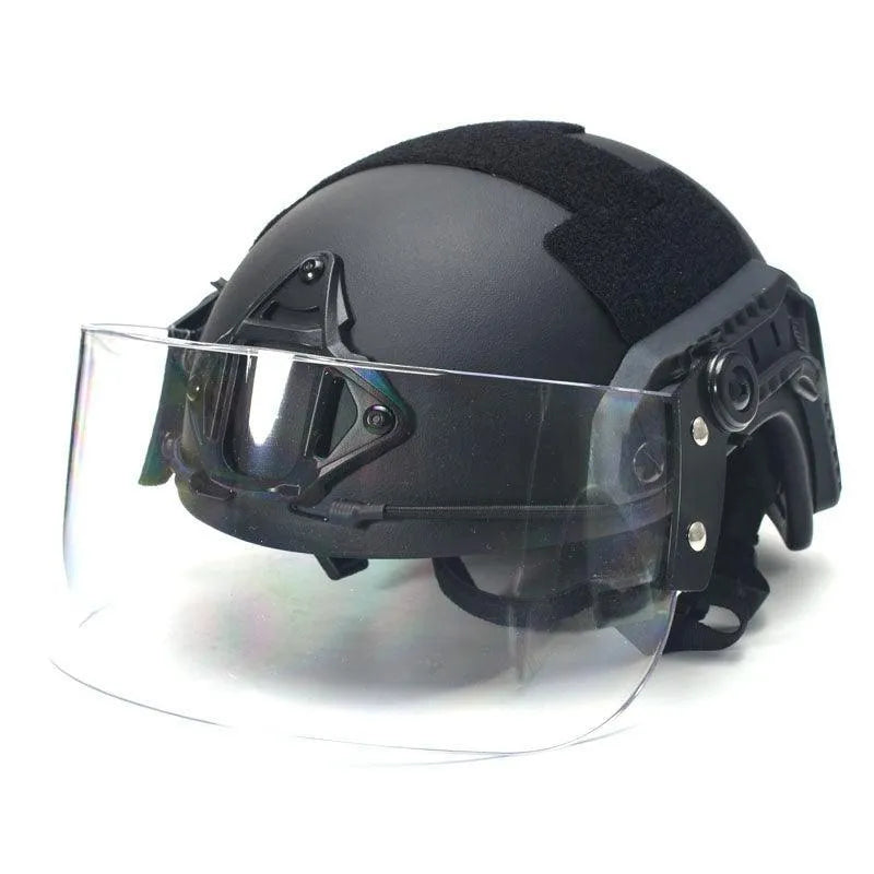Transparent polycarbonate guide rail helmet mask with windproof lens measuring 30cm by 15cm