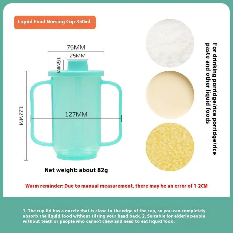 Adult bedside drinking cup with angled choke-proof mouth, handle, and lid, shown in care setting.