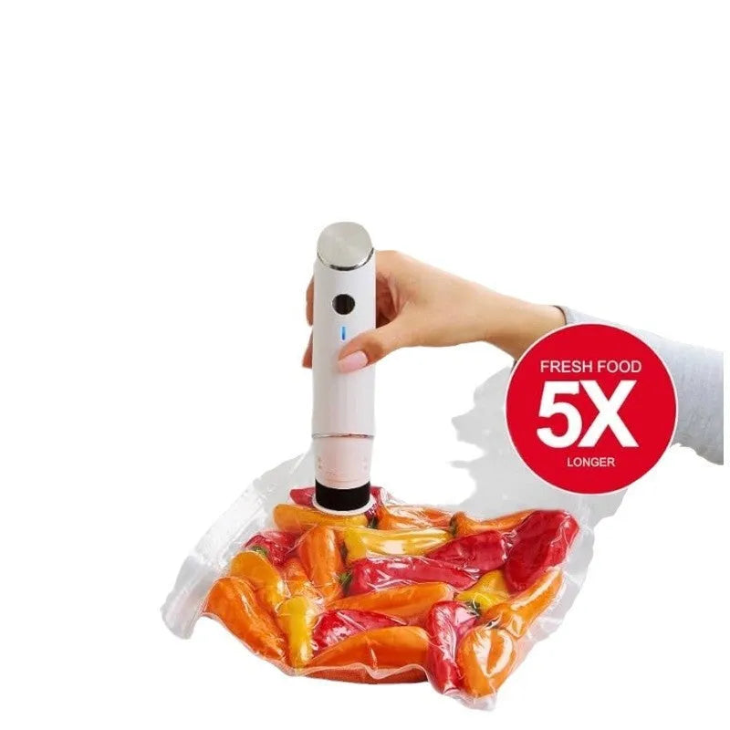 White USB electric vacuum pump with five 26x28cm plastic storage bags featuring zip-lock seals