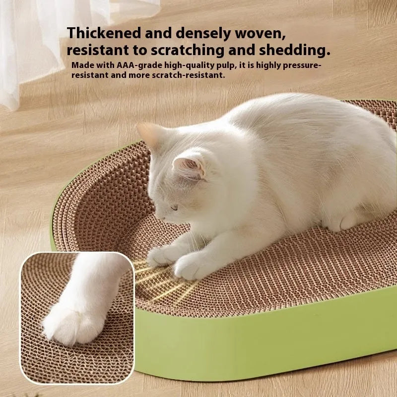 Green oval cat scratch board and nest measuring 55cm in diameter made from corrugated paper