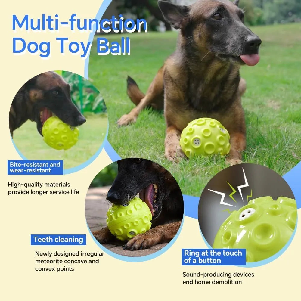 Durable natural rubber dog ball toy with textured surface and squeaker for aggressive chewers.