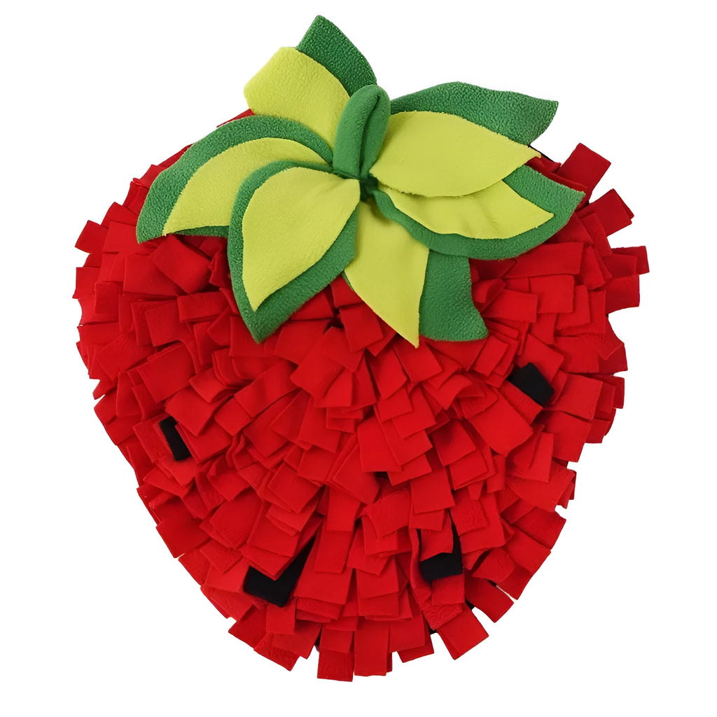 Red and green strawberry-shaped pet slow feeder mat with hiding spots for interactive feeding