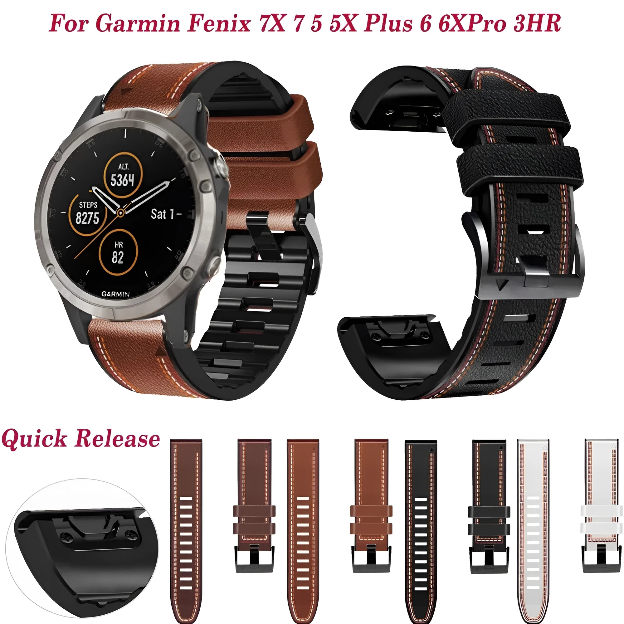 Silicone leather quick release watch strap for Garmin Fenix smartwatch in black, shown next to 22mm and 26mm size options.