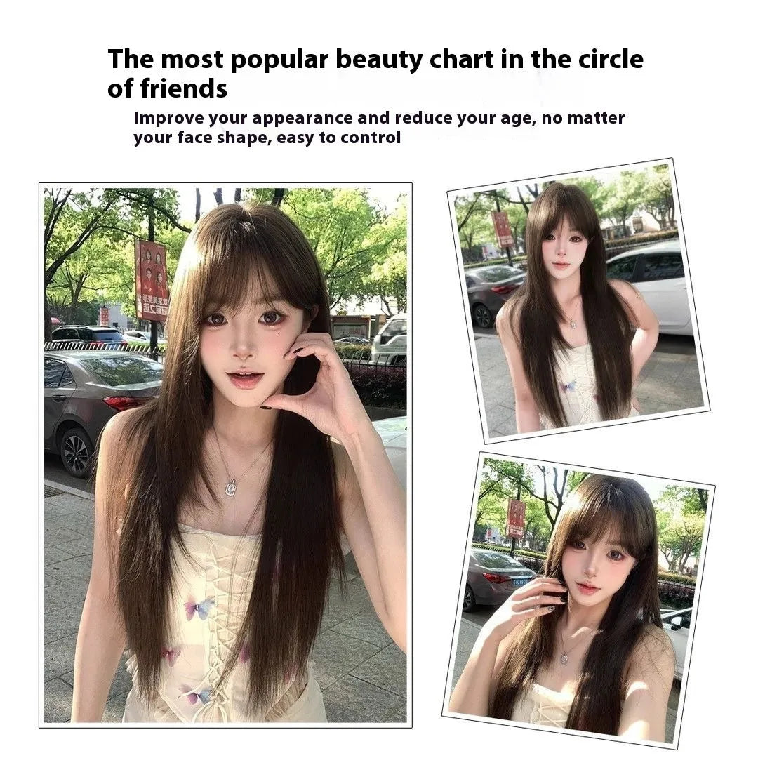 Brown black high-temperature fibre simulation wig for ladies on display