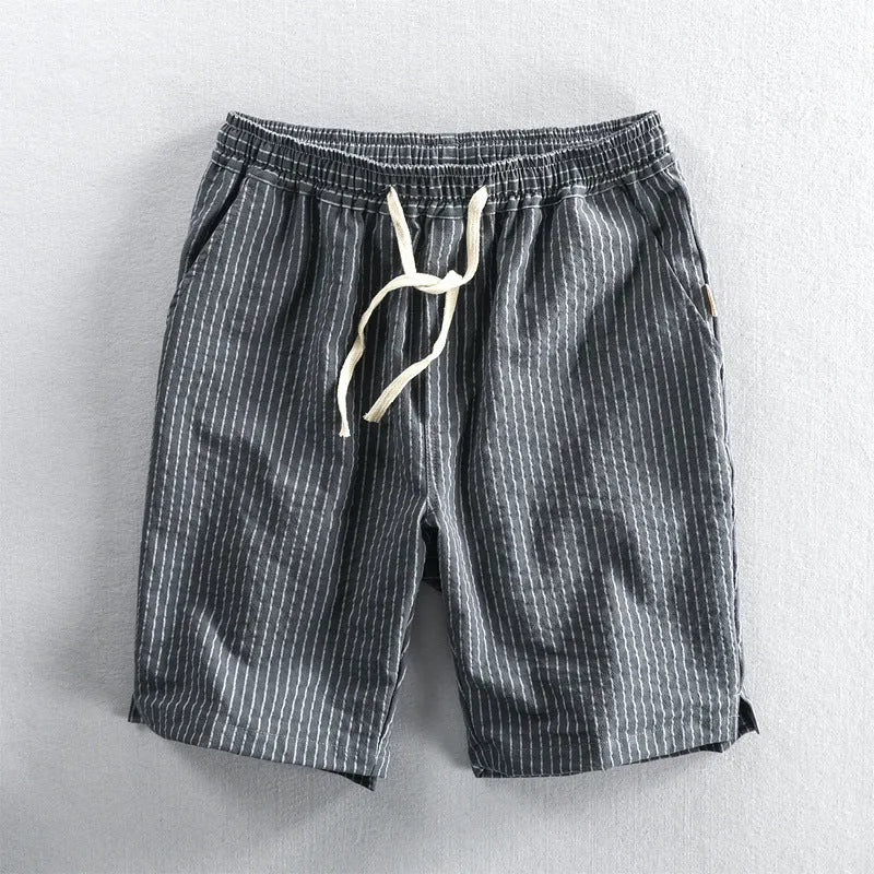 Men's striped cotton casual shorts in light blue with straight leg and mid waist design