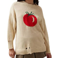 Women's beige jacquard knit pullover sweater with round neck and long sleeves