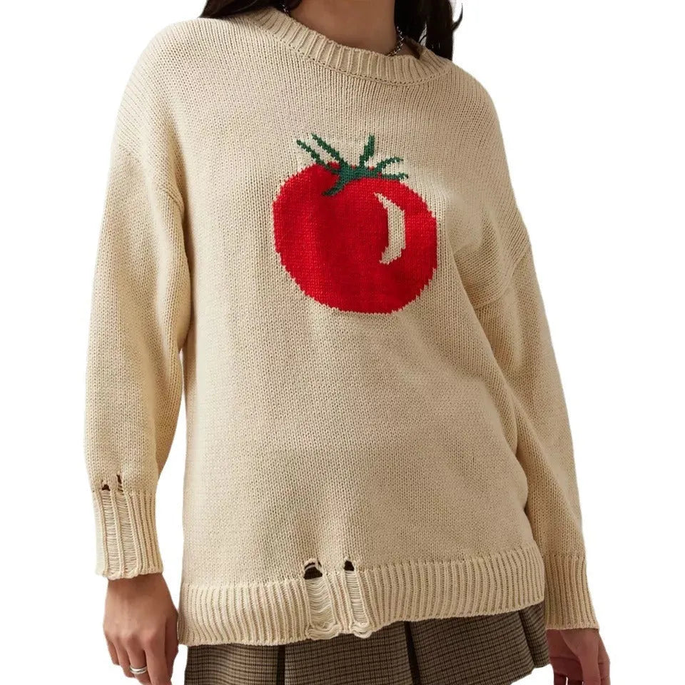 Women's beige jacquard knit pullover sweater with round neck and long sleeves