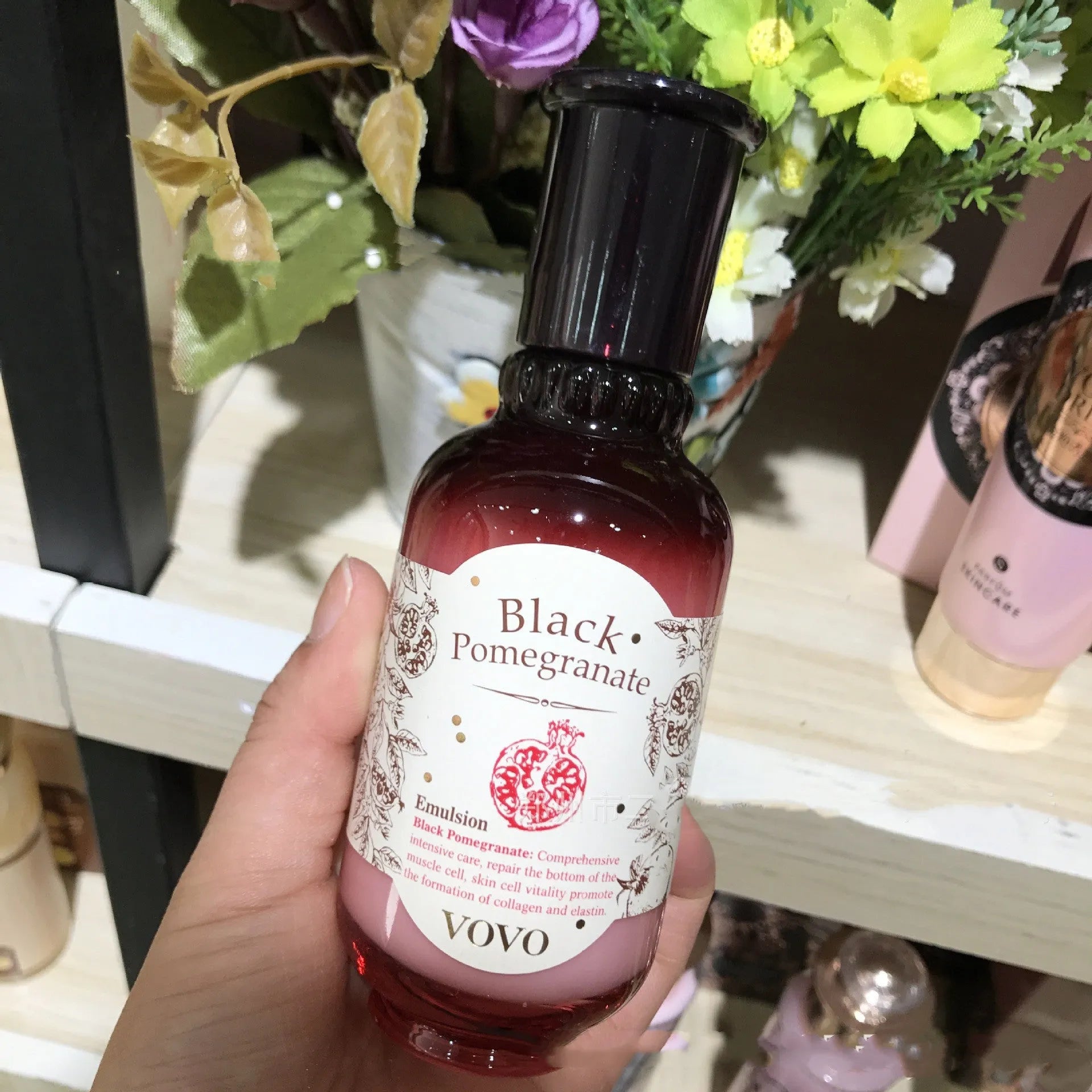 Pomegranate skin care set with six products including cleanser, milk, cream, essence, eye cream and water