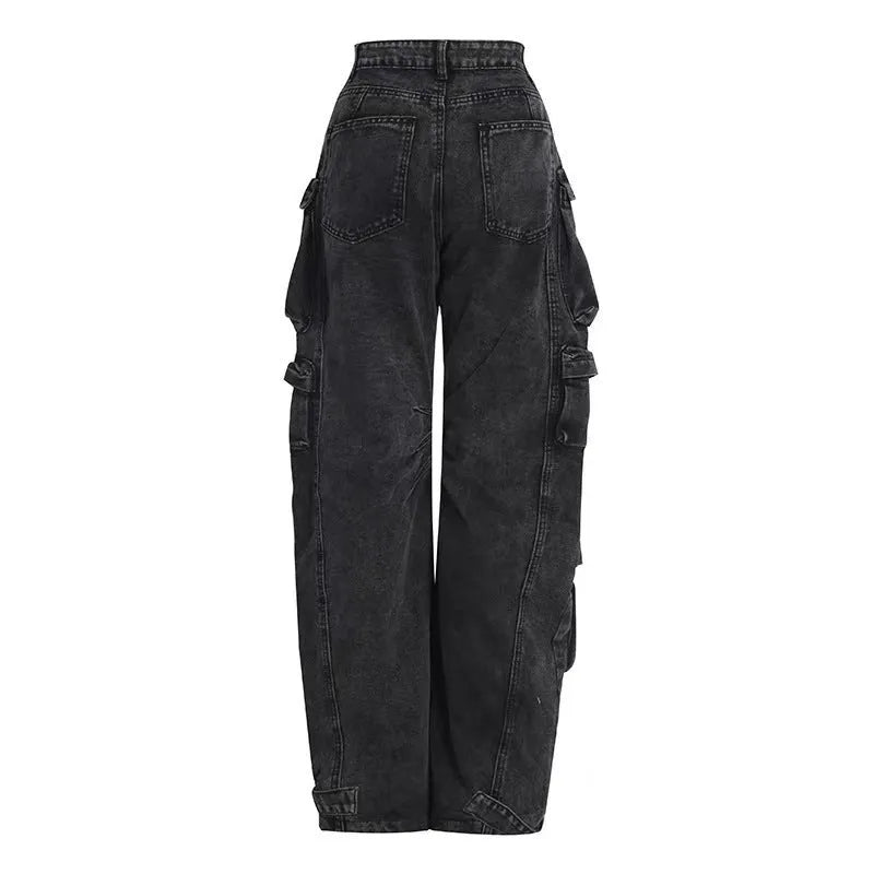 Women's high waist wide leg jeans in street hipster style with multiple pockets