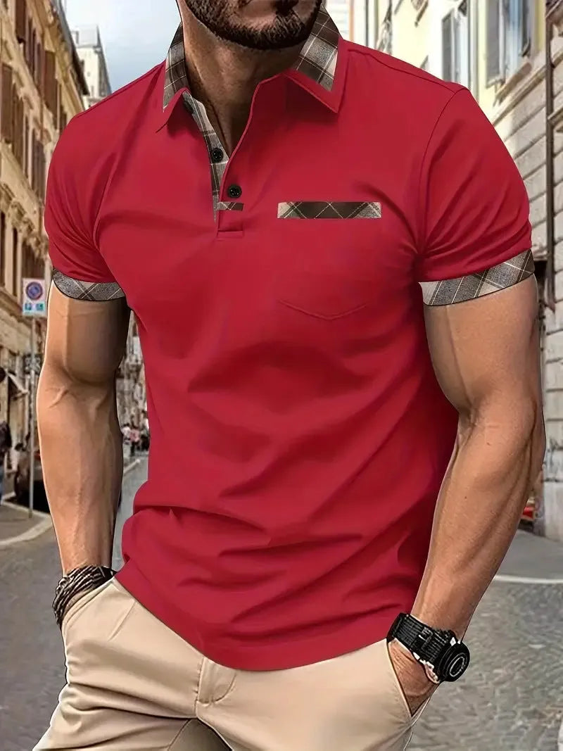 Men's plaid colourblock t-shirt with zipper decorations in loose fit for summer casual wear
