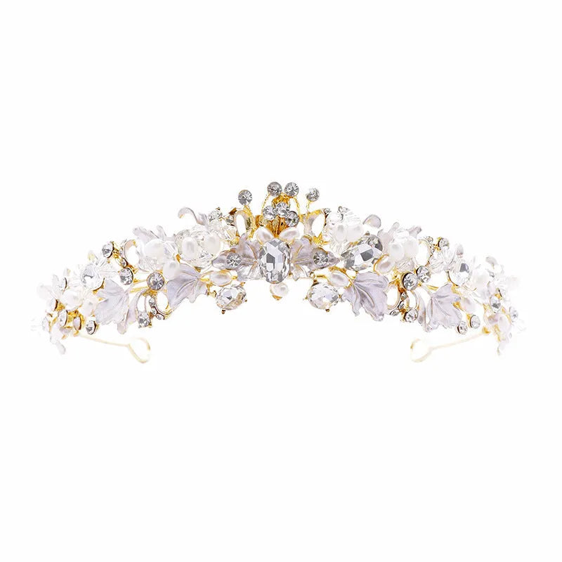 Gold or silver alloy crown headdress with pearl detailing for women's formal hair styling