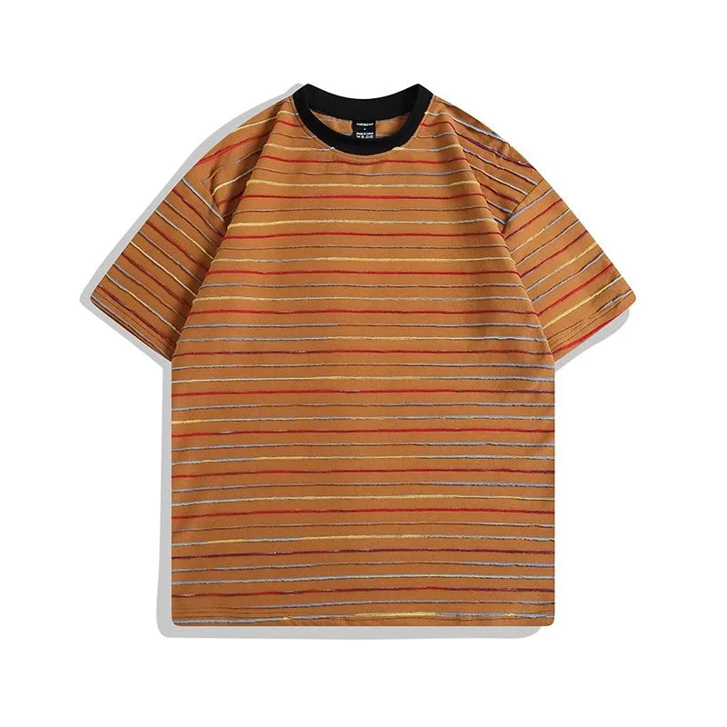 Loose fit striped colour couple's t-shirt with round neck and short sleeves in apricot, black, yellow, grey, pink