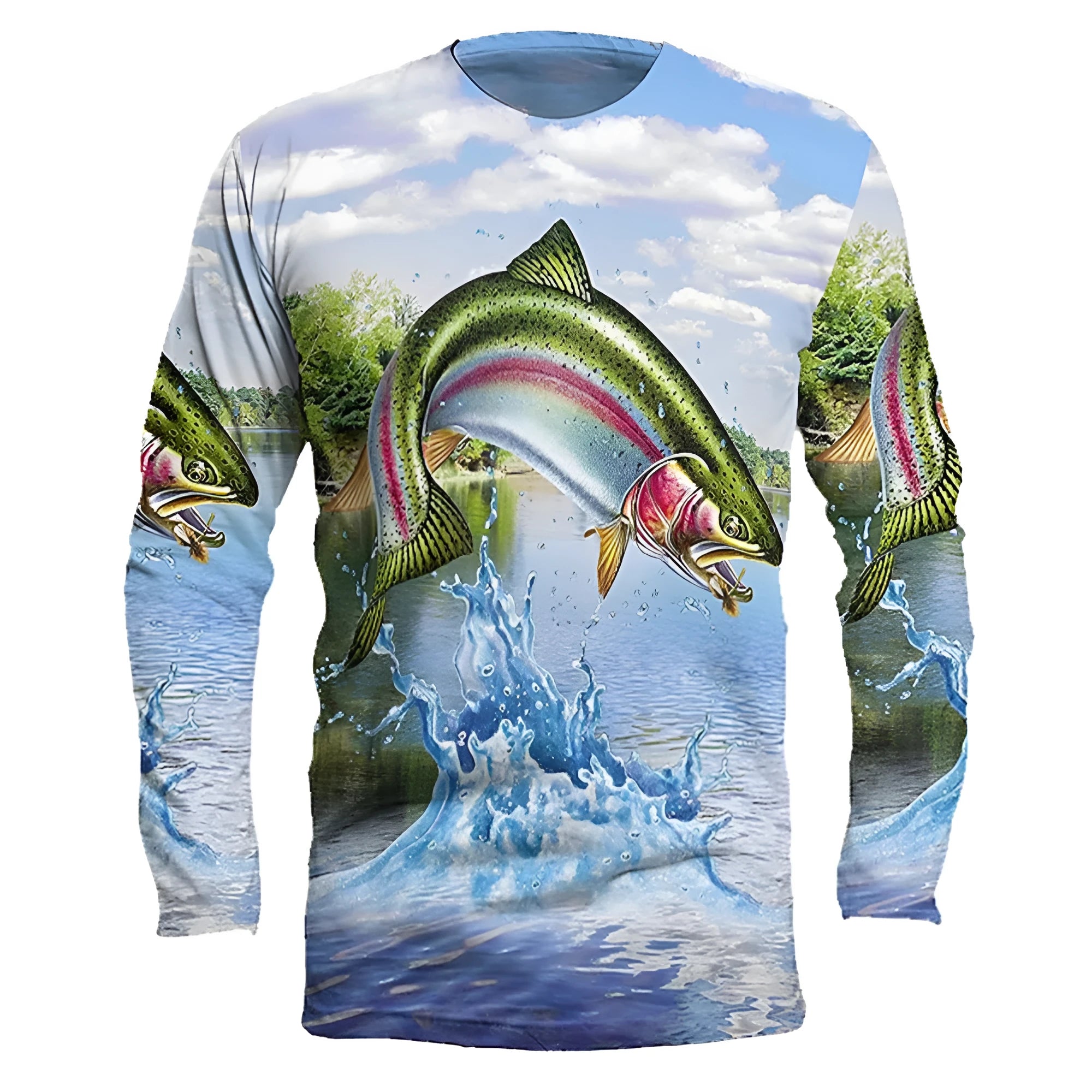 Man wearing a grey pullover with a detailed all-over blue fish print design, round neck, and long sleeves.