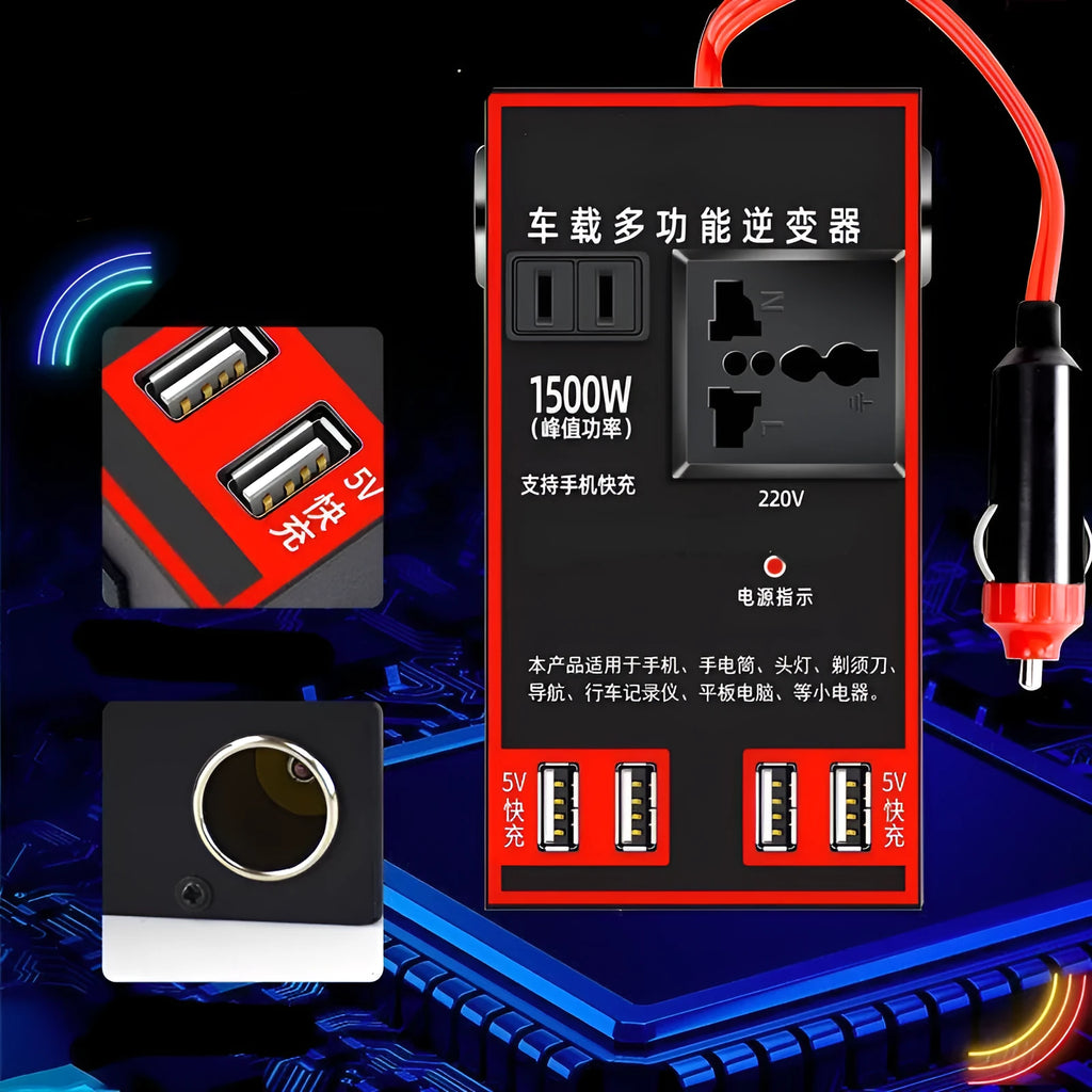 Black automotive power converter with UK socket and USB ports for 12V/24V to 220V vehicle power conversion