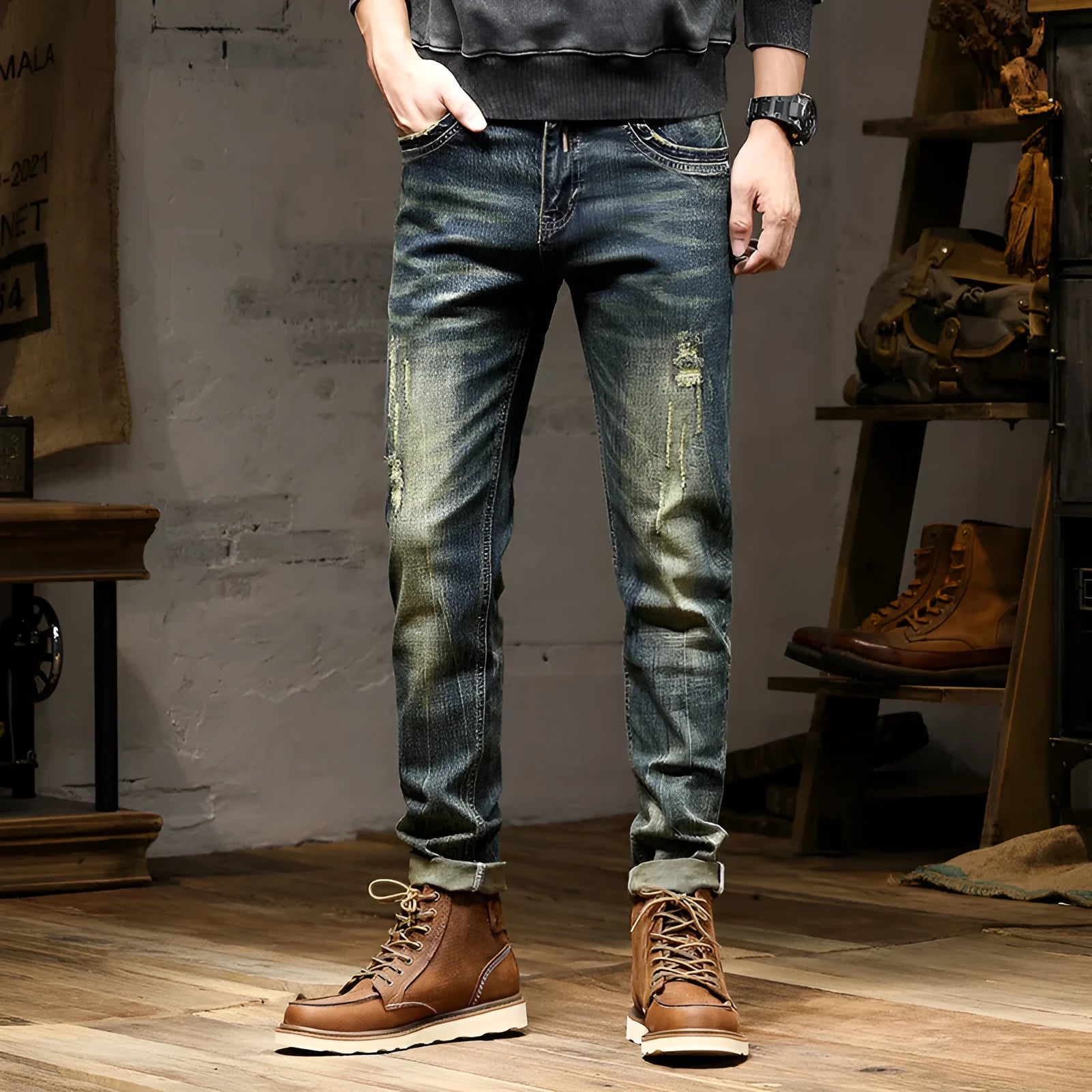 Men's skinny fit retro blue jeans with a zip fly on a plain background