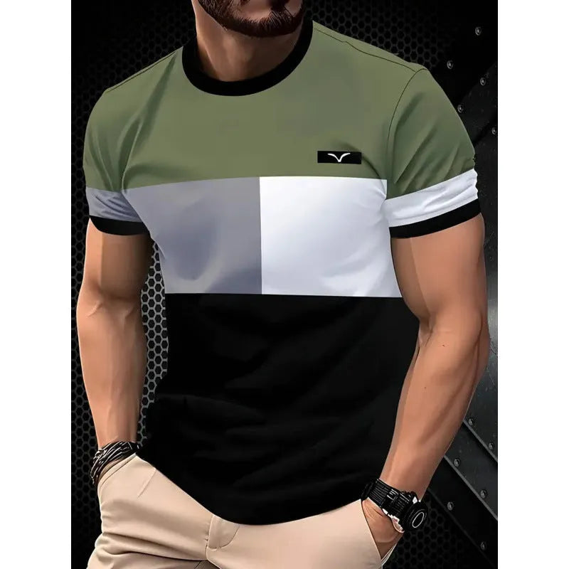 Men's loose fit casual T-shirt with digital 3D printed stripe pattern, short sleeves, polyester fabric