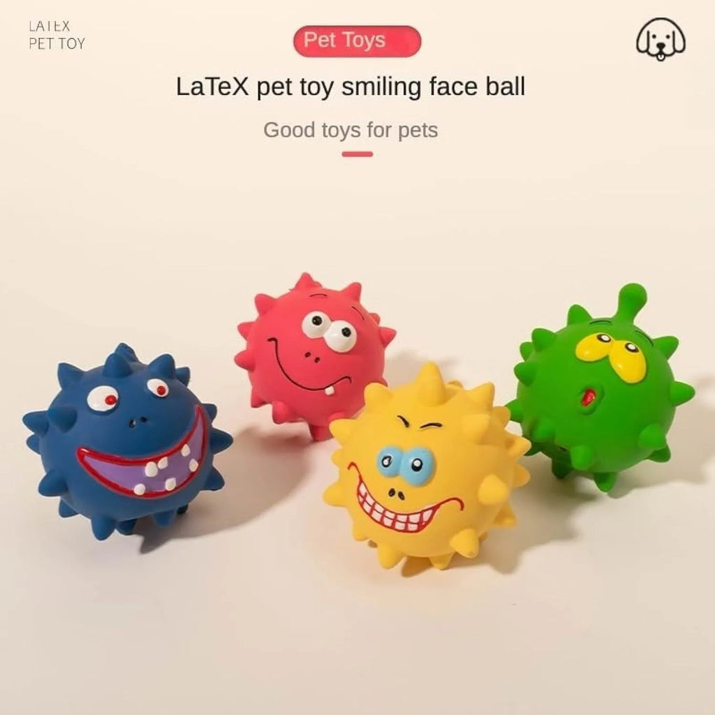 Four coloured squeaky dog balls with cute faces, made from natural latex rubber for safe chewing