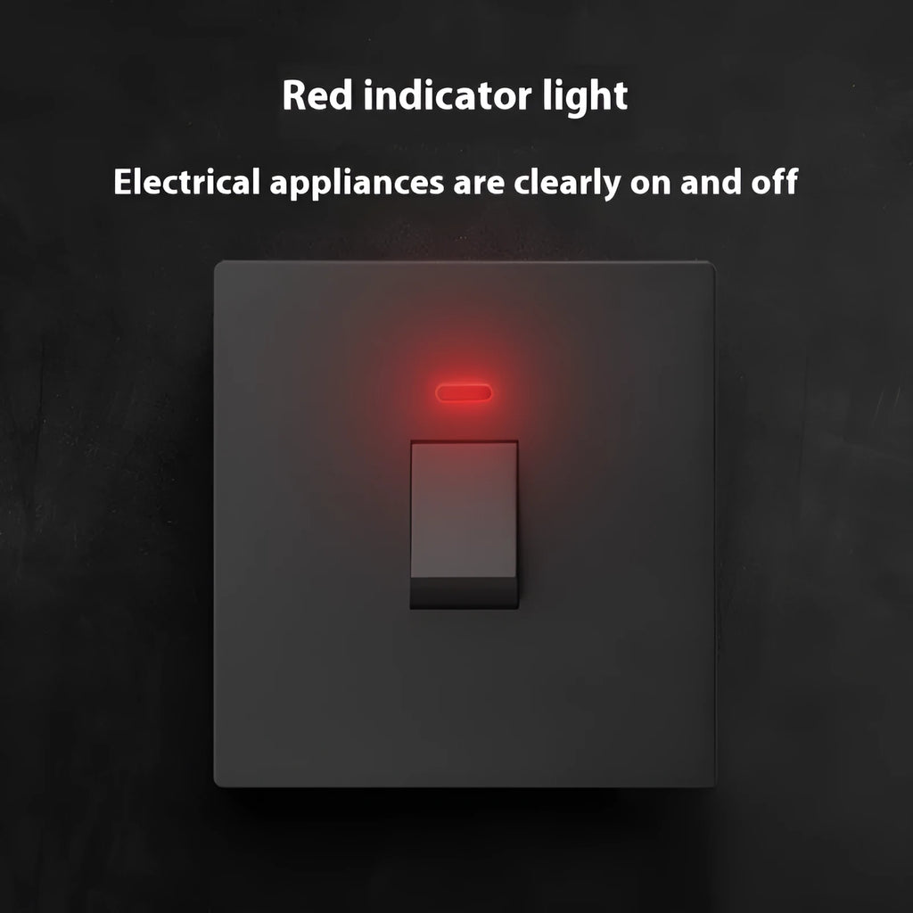 A white, high-current double-break electrical switch with a light panel indicator, shown alongside gold and grey colour variants.
