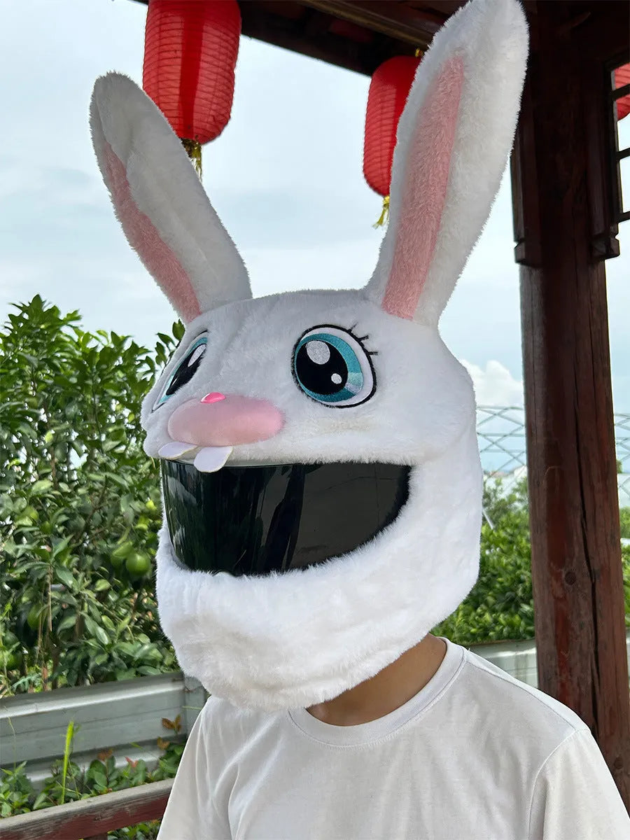 White rabbit head decorative cover for electric motorcycle helmet with long ears and plush PP cotton material