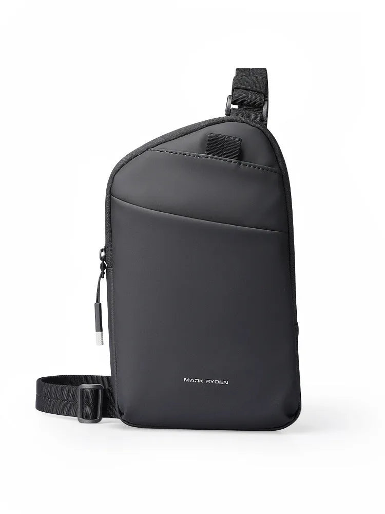 Men's elegant black Oxford cloth crossbody bag shown from the front.