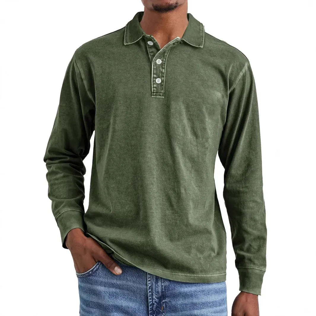 Retro washed distressed cotton lapel long sleeve polo shirt in pure cotton fabric