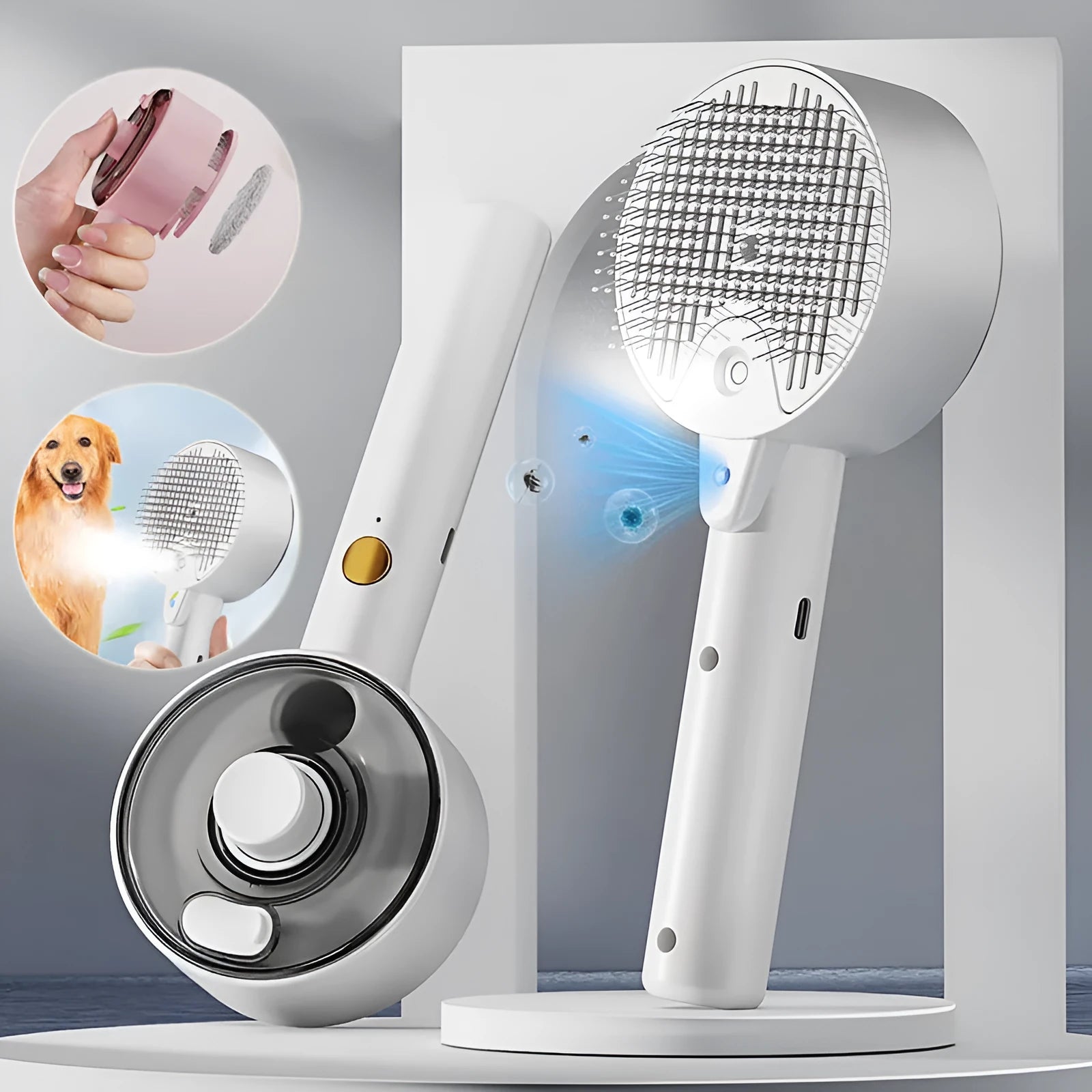 Ceramic white pet grooming brush with UVC blue light, mist spray nozzle, and fine needles for removing dog and cat hair.