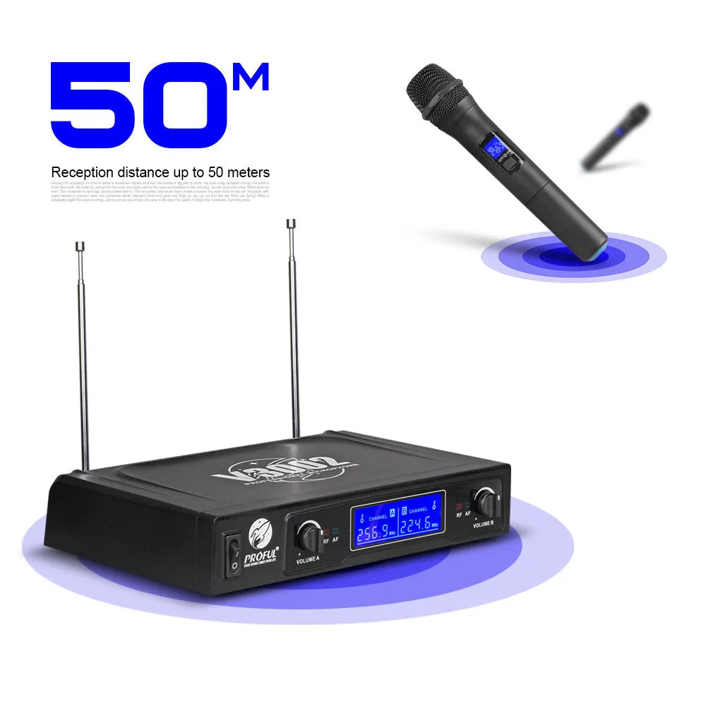 Black V-3002 wireless microphone set with two handheld dynamic mics and transmitter for KTV and stage use