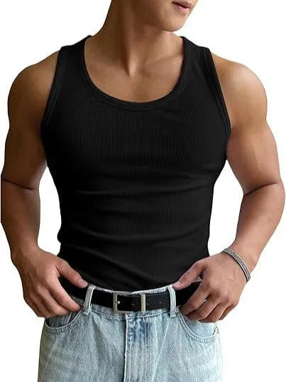 Men's slim-fit black polyester sports T-shirt with wool lining for summer workouts