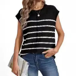 Women's striped sleeveless pullover top in acrylic knit, shown in multiple colour options.