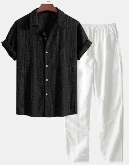 Men's loose fit short sleeve shirt and trousers summer suit in milk silk polyester fabric.