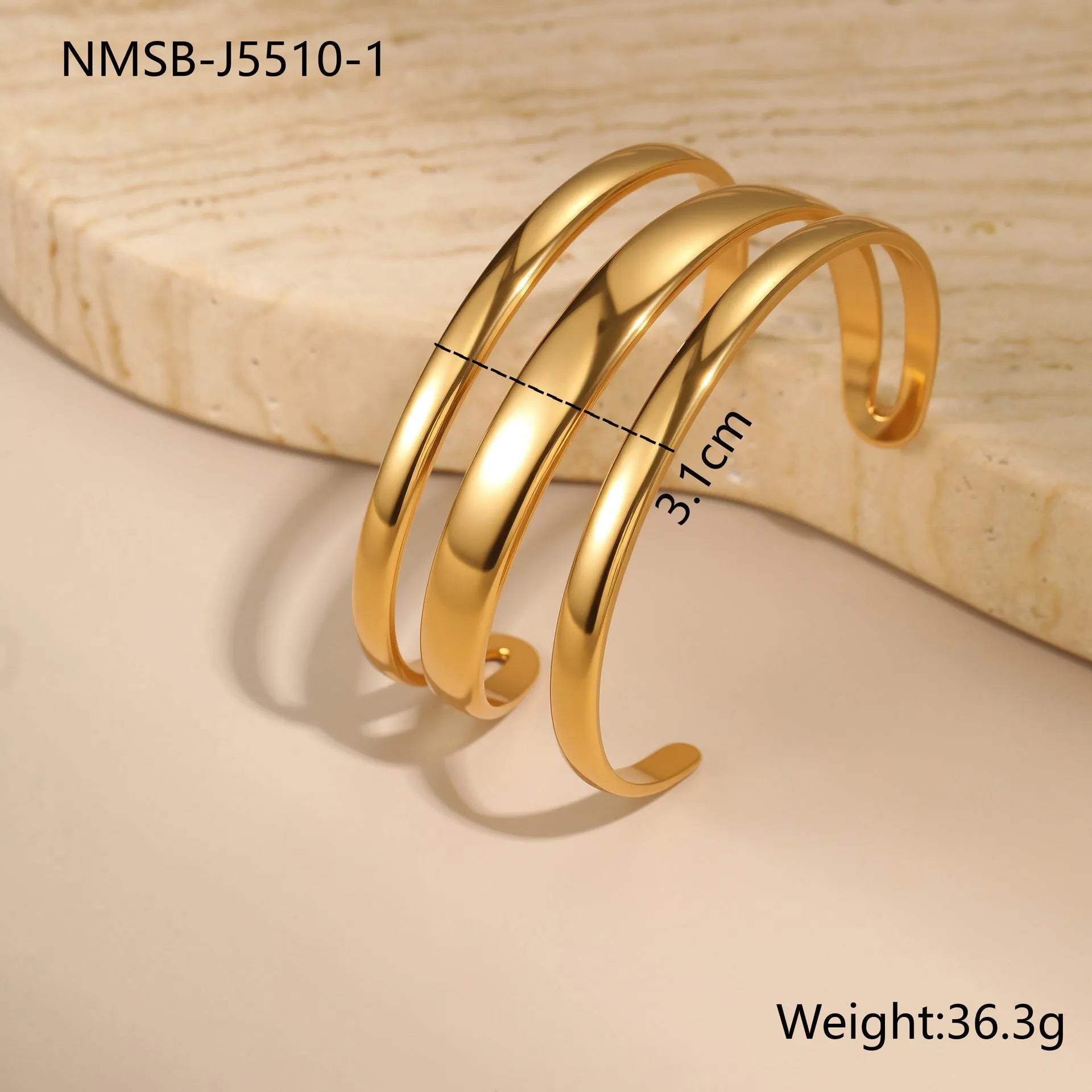 Stainless steel geometric line bracelet with simple opening clasp in gold or steel finish