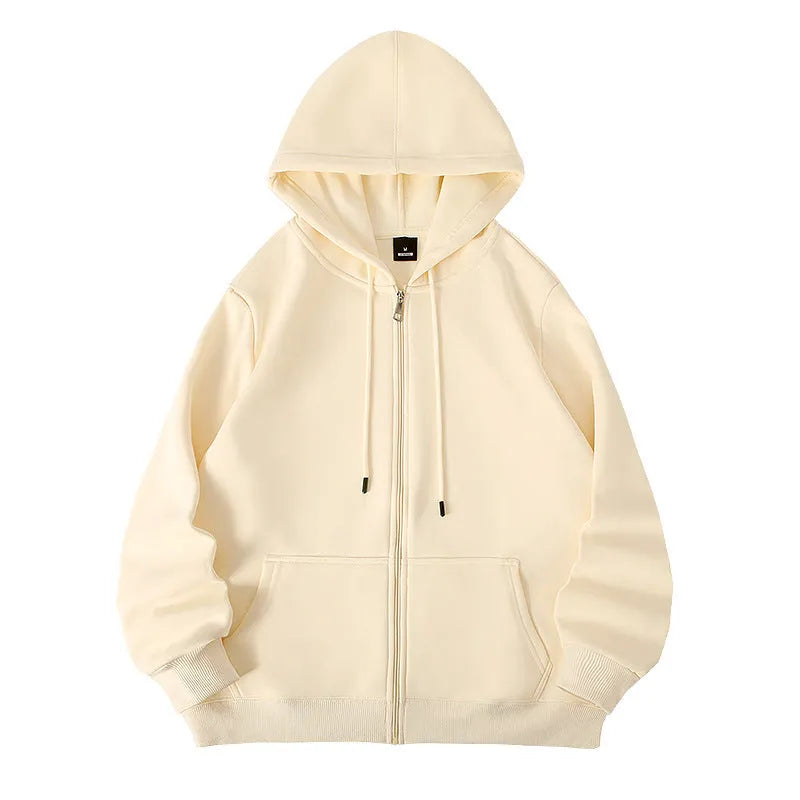 Plus size man wearing a beige zipper hooded cardigan sweater in a loose fit.