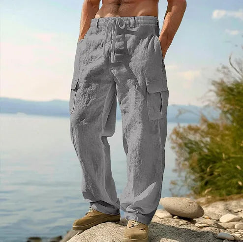 Men's loose thin cotton trousers with wide-leg design in various solid colours