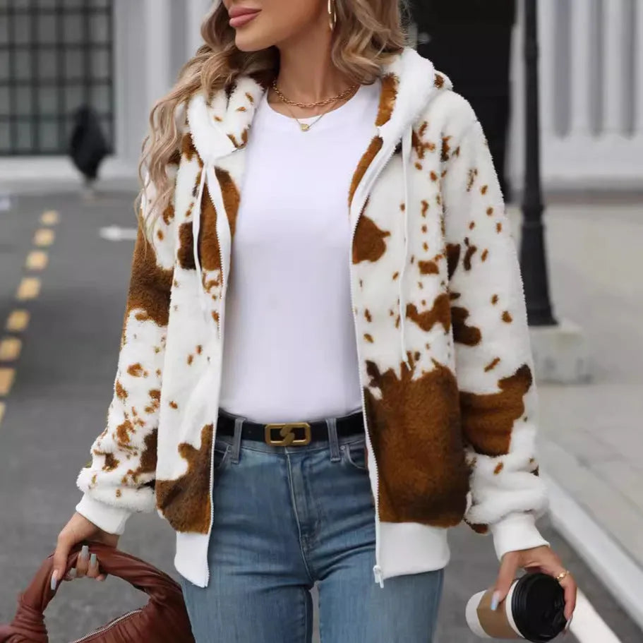 Yellow brown cow animal print hooded plush cardigan jacket with zip fastening