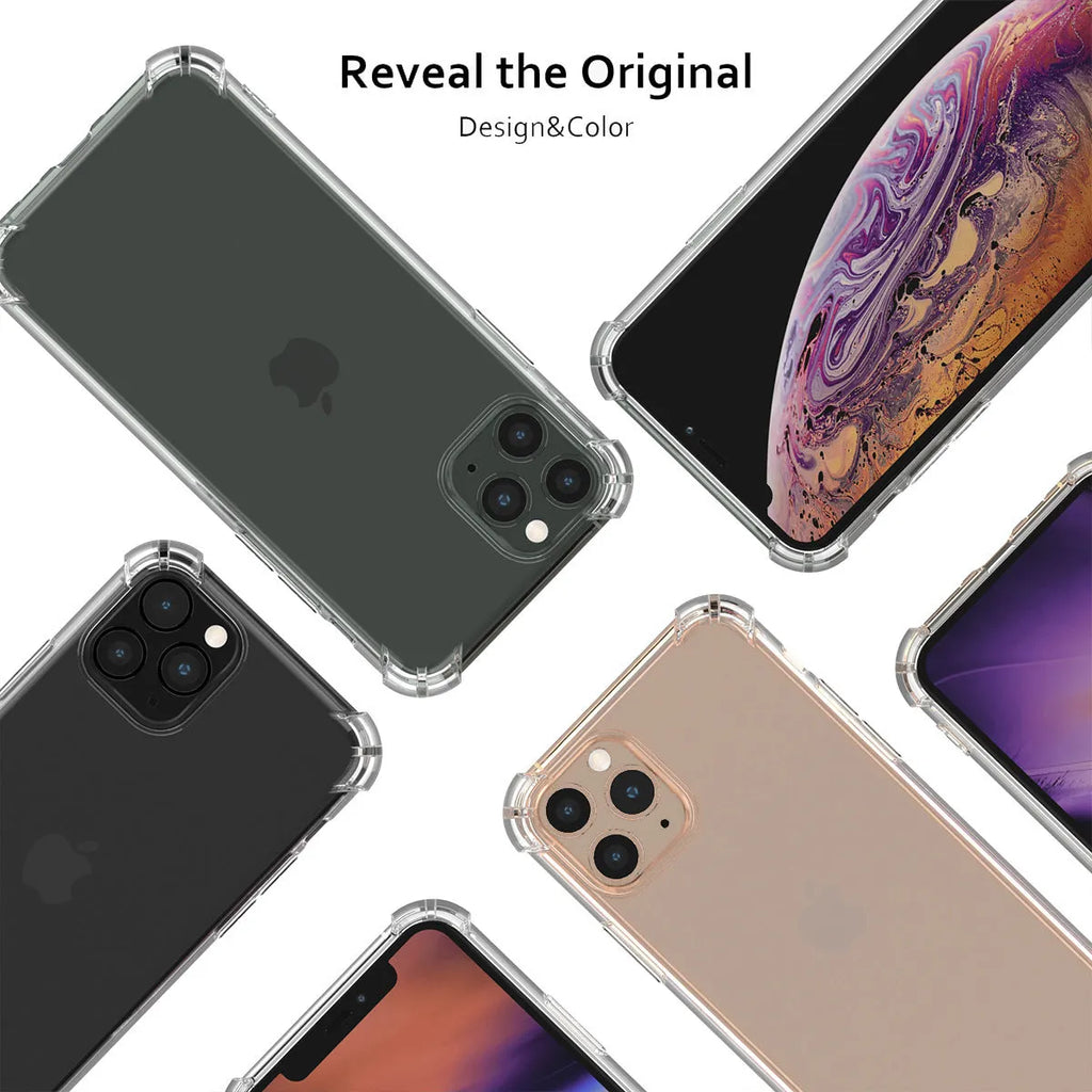 Transparent shockproof TPU phone case for iPhone, shown from the back and side.