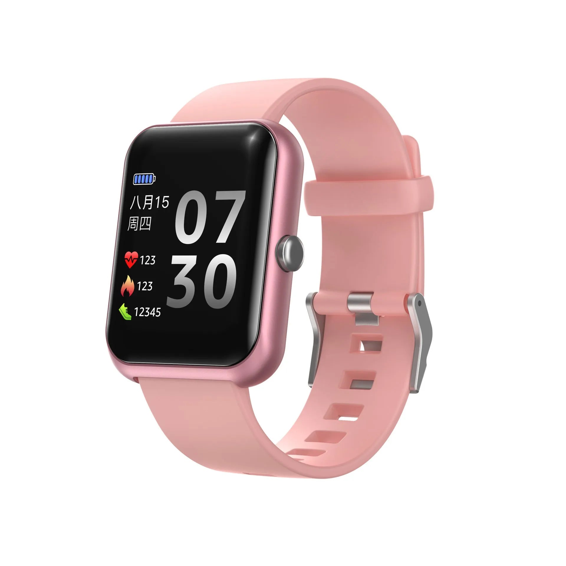 Square couple bracelet smartwatch with silicone strap and anodised aluminium metal case in multiple colours.