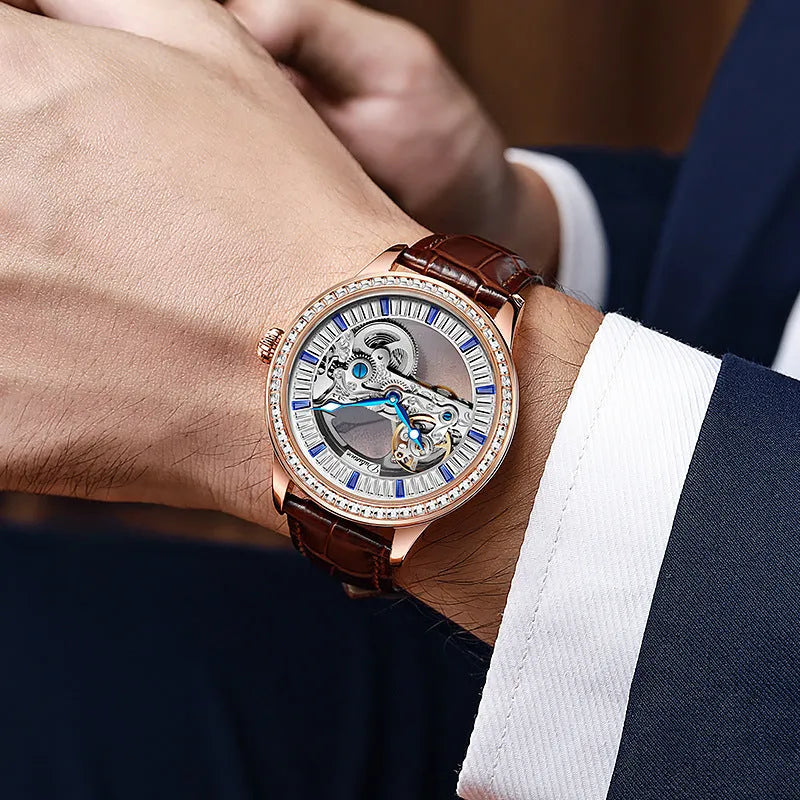 Men's luxury zircon mechanical watch with a choice of black leather or rose gold steel strap, showing onion crown and transparent case back.