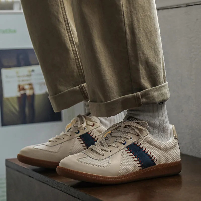 White men's casual exercise sneakers with mesh upper and low flat heel