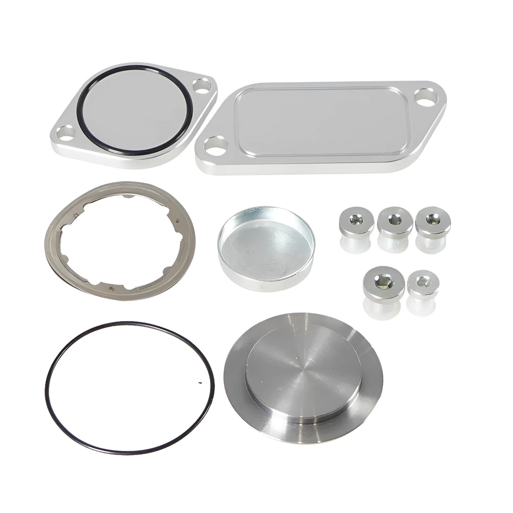 Silver aluminium alloy automotive valve cover and gasket set for EGR system.