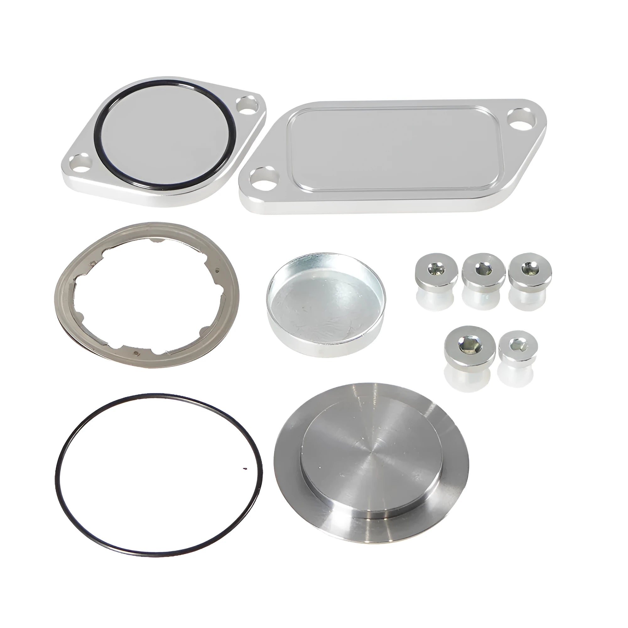 Silver aluminium alloy automotive valve cover and gasket set for EGR system.