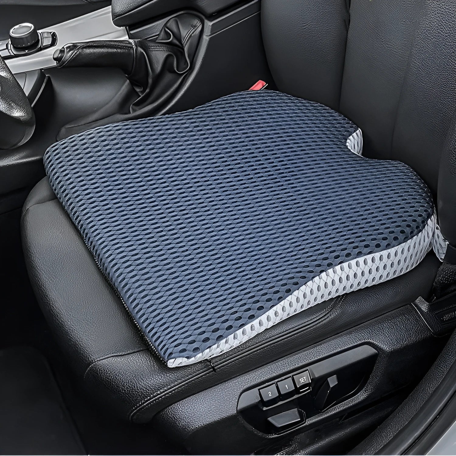 Memory foam seat cushion with strap fastening in black, grey, or milky white for car and office chairs.