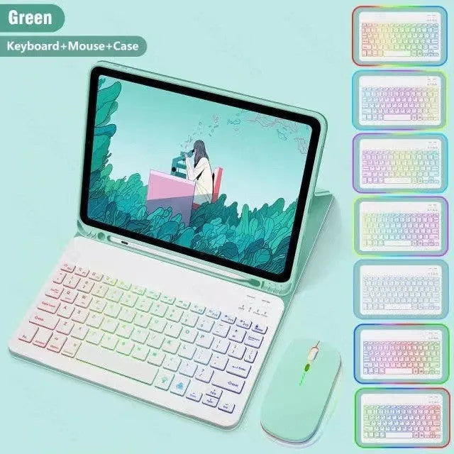 iPad leather protective case with built-in luminous RGB backlit Bluetooth keyboard and optional mouse in various colours.