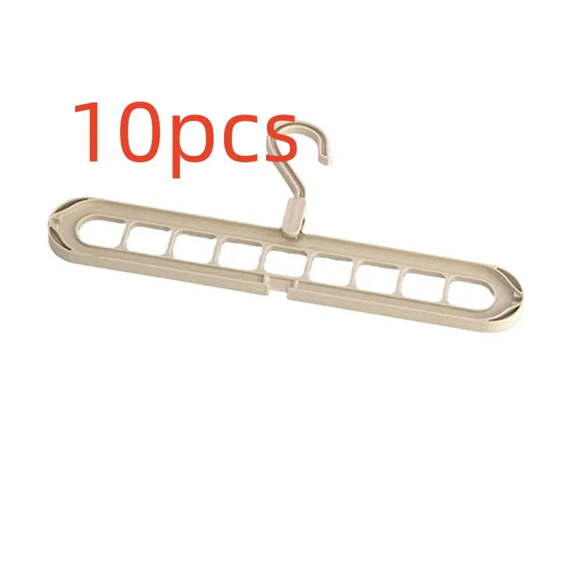 Foldable plastic hanger with nine holes for hanging trousers, shown in a choice of colours.
