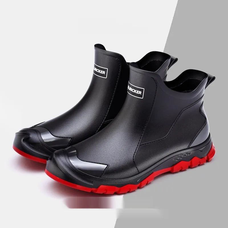 Korean style women's short tube PVC rain boots in black and red colour with round toe design